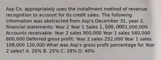 Asp Co. appropriately uses the installment method of revenue recognition to account for its credit sales. The following information was abstracted from Asp's December 31, year 2, financial statements: Year 2 Year 1 Sales 1,500,0001,000,000 Accounts receivable: Year 2 sales 900,000 Year 1 sales 540,000 600,000 Deferred gross profit: Year 2 sales 252,000 Year 1 sales 108,000 120,000 What was Asp's gross profit percentage for Year 2 sales? A. 20% B. 25% C. 28% D. 40%