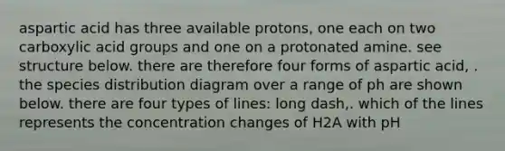 aspartic acid has three available protons, one each on two carboxylic acid groups and one on a protonated amine. see structure below. there are therefore four forms of aspartic acid, . the species distribution diagram over a range of ph are shown below. there are four types of lines: long dash,. which of the lines represents the concentration changes of H2A with pH