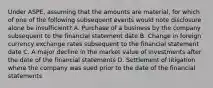 Under ASPE, assuming that the amounts are material, for which of one of the following subsequent events would note disclosure alone be insufficient? A. Purchase of a business by the company subsequent to the financial statement date B. Change in foreign currency exchange rates subsequent to the financial statement date C. A major decline in the market value of investments after the date of the financial statements D. Settlement of litigation where the company was sued prior to the date of the financial statements