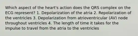 Which aspect of the heart's action does the QRS complex on the ECG represent? 1. Depolarization of the atria 2. Repolarization of the ventricles 3. Depolarization from atrioventricular (AV) node throughout ventricles 4. The length of time it takes for the impulse to travel from the atria to the ventricles