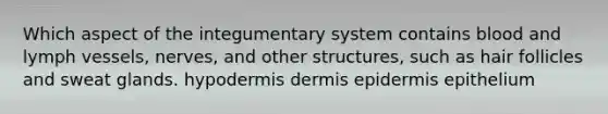 Which aspect of the integumentary system contains blood and lymph vessels, nerves, and other structures, such as hair follicles and sweat glands. hypodermis dermis epidermis epithelium