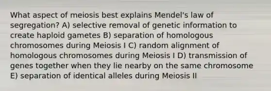 What aspect of meiosis best explains Mendel's law of segregation? A) selective removal of genetic information to create haploid gametes B) separation of homologous chromosomes during Meiosis I C) random alignment of homologous chromosomes during Meiosis I D) transmission of genes together when they lie nearby on the same chromosome E) separation of identical alleles during Meiosis II