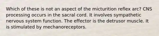 Which of these is not an aspect of the micturition reflex arc? CNS processing occurs in the sacral cord. It involves sympathetic nervous system function. The effector is the detrusor muscle. It is stimulated by mechanoreceptors.