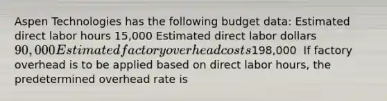 Aspen Technologies has the following budget data: Estimated direct labor hours 15,000 Estimated direct labor dollars 90,000 Estimated factory overhead costs198,000 ​ If factory overhead is to be applied based on direct labor hours, the predetermined overhead rate is