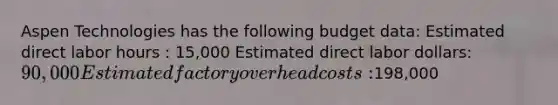 Aspen Technologies has the following budget data: Estimated direct labor hours : 15,000 Estimated direct labor dollars: 90,000 Estimated factory overhead costs:198,000