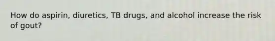 How do aspirin, diuretics, TB drugs, and alcohol increase the risk of gout?