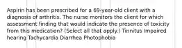 Aspirin has been prescribed for a 69-year-old client with a diagnosis of arthritis. The nurse monitors the client for which assessment finding that would indicate the presence of toxicity from this medication? (Select all that apply.) Tinnitus Impaired hearing Tachycardia Diarrhea Photophobia