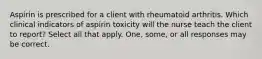 Aspirin is prescribed for a client with rheumatoid arthritis. Which clinical indicators of aspirin toxicity will the nurse teach the client to report? Select all that apply. One, some, or all responses may be correct.