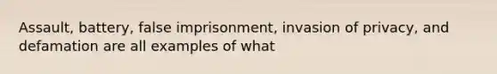 Assault, battery, false imprisonment, invasion of privacy, and defamation are all examples of what