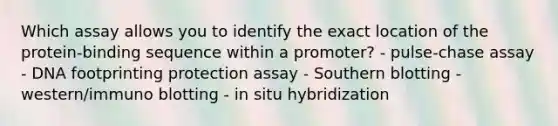 Which assay allows you to identify the exact location of the protein-binding sequence within a promoter? - pulse-chase assay - DNA footprinting protection assay - Southern blotting - western/immuno blotting - in situ hybridization