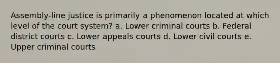 Assembly-line justice is primarily a phenomenon located at which level of the court system? a. Lower criminal courts b. Federal district courts c. Lower appeals courts d. Lower civil courts e. Upper criminal courts