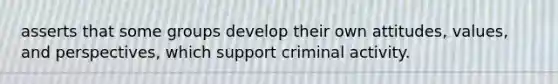 asserts that some groups develop their own attitudes, values, and perspectives, which support criminal activity.