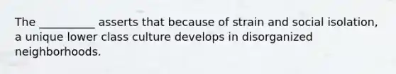 The __________ asserts that because of strain and social isolation, a unique lower class culture develops in disorganized neighborhoods.