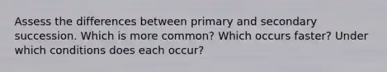 Assess the differences between primary and secondary succession. Which is more common? Which occurs faster? Under which conditions does each occur?