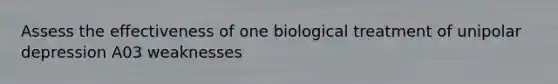 Assess the effectiveness of one biological treatment of unipolar depression A03 weaknesses