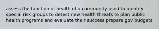 assess the function of health of a community used to identify special risk groups to detect new health threats to plan public health programs and evaluate their success prepare gov budgets