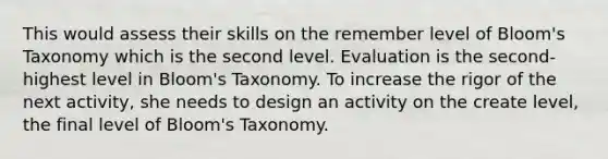 This would assess their skills on the remember level of Bloom's Taxonomy which is the second level. Evaluation is the second-highest level in Bloom's Taxonomy. To increase the rigor of the next activity, she needs to design an activity on the create level, the final level of Bloom's Taxonomy.