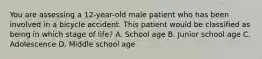 You are assessing a​ 12-year-old male patient who has been involved in a bicycle accident. This patient would be classified as being in which stage of​ life? A. School age B. Junior school age C. Adolescence D. Middle school age