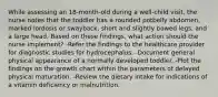 While assessing an 18-month-old during a well-child visit, the nurse notes that the toddler has a rounded potbelly abdomen, marked lordosis or swayback, short and slightly bowed legs, and a large head. Based on these findings, what action should the nurse implement? -Refer the findings to the healthcare provider for diagnostic studies for hydrocephalus. -Document general physical appearance of a normally developed toddler. -Plot the findings on the growth chart within the parameters of delayed physical maturation. -Review the dietary intake for indications of a vitamin deficiency or malnutrition.