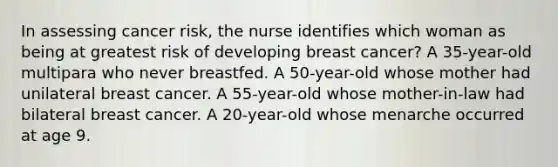 In assessing cancer risk, the nurse identifies which woman as being at greatest risk of developing breast cancer? A 35-year-old multipara who never breastfed. A 50-year-old whose mother had unilateral breast cancer. A 55-year-old whose mother-in-law had bilateral breast cancer. A 20-year-old whose menarche occurred at age 9.