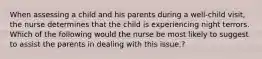 When assessing a child and his parents during a well-child visit, the nurse determines that the child is experiencing night terrors. Which of the following would the nurse be most likely to suggest to assist the parents in dealing with this issue.?