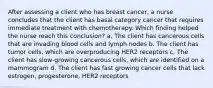 After assessing a client who has breast cancer, a nurse concludes that the client has basal category cancer that requires immediate treatment with chemotherapy. Which finding helped the nurse reach this conclusion? a. The client has cancerous cells that are invading blood cells and lymph nodes b. The client has tumor cells, which are overproducing HER2 receptors c. The client has slow-growing cancerous cells, which are identified on a mammogram d. The client has fast growing cancer cells that lack estrogen, progesterone, HER2 receptors