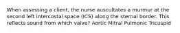 When assessing a client, the nurse auscultates a murmur at the second left intercostal space (ICS) along the sternal border. This reflects sound from which valve? Aortic Mitral Pulmonic Tricuspid