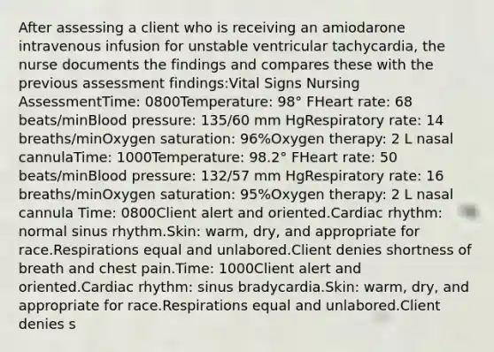 After assessing a client who is receiving an amiodarone intravenous infusion for unstable ventricular tachycardia, the nurse documents the findings and compares these with the previous assessment findings:Vital Signs Nursing AssessmentTime: 0800Temperature: 98° FHeart rate: 68 beats/minBlood pressure: 135/60 mm HgRespiratory rate: 14 breaths/minOxygen saturation: 96%Oxygen therapy: 2 L nasal cannulaTime: 1000Temperature: 98.2° FHeart rate: 50 beats/minBlood pressure: 132/57 mm HgRespiratory rate: 16 breaths/minOxygen saturation: 95%Oxygen therapy: 2 L nasal cannula Time: 0800Client alert and oriented.Cardiac rhythm: normal sinus rhythm.Skin: warm, dry, and appropriate for race.Respirations equal and unlabored.Client denies shortness of breath and chest pain.Time: 1000Client alert and oriented.Cardiac rhythm: sinus bradycardia.Skin: warm, dry, and appropriate for race.Respirations equal and unlabored.Client denies s