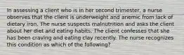 In assessing a client who is in her second trimester, a nurse observes that the client is underweight and anemic from lack of dietary iron. The nurse suspects malnutrition and asks the client about her diet and eating habits. The client confesses that she has been craving and eating clay recently. The nurse recognizes this condition as which of the following?