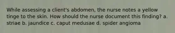 While assessing a client's abdomen, the nurse notes a yellow tinge to the skin. How should the nurse document this finding? a. striae b. jaundice c. caput medusae d. spider angioma