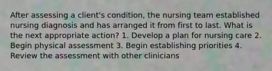 After assessing a client's condition, the nursing team established nursing diagnosis and has arranged it from first to last. What is the next appropriate action? 1. Develop a plan for nursing care 2. Begin physical assessment 3. Begin establishing priorities 4. Review the assessment with other clinicians