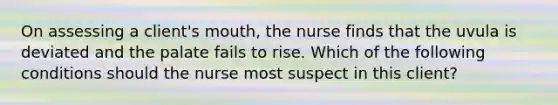 On assessing a client's mouth, the nurse finds that the uvula is deviated and the palate fails to rise. Which of the following conditions should the nurse most suspect in this client?