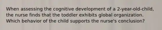 When assessing the cognitive development of a 2-year-old-child, the nurse finds that the toddler exhibits global organization. Which behavior of the child supports the nurse's conclusion?