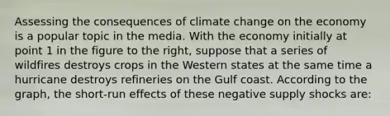 Assessing the consequences of climate change on the economy is a popular topic in the media. With the economy initially at point 1 in the figure to the right, suppose that a series of wildfires destroys crops in the Western states at the same time a hurricane destroys refineries on the Gulf coast. According to the graph, the short-run effects of these negative supply shocks are: