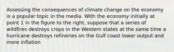 Assessing the consequences of climate change on the economy is a popular topic in the media. With the economy initially at point 1 in the figure to the​ right, suppose that a series of wildfires destroys crops in the Western states at the same time a hurricane destroys refineries on the Gulf coast lower output and more inflation