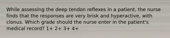 While assessing the deep tendon reflexes in a patient, the nurse finds that the responses are very brisk and hyperactive, with clonus. Which grade should the nurse enter in the patient's medical record? 1+ 2+ 3+ 4+