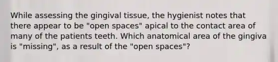 While assessing the gingival tissue, the hygienist notes that there appear to be "open spaces" apical to the contact area of many of the patients teeth. Which anatomical area of the gingiva is "missing", as a result of the "open spaces"?