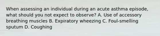 When assessing an individual during an acute asthma episode, what should you not expect to observe? A. Use of accessory breathing muscles B. Expiratory wheezing C. Foul-smelling sputum D. Coughing