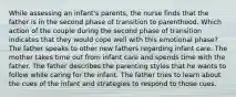 While assessing an infant's parents, the nurse finds that the father is in the second phase of transition to parenthood. Which action of the couple during the second phase of transition indicates that they would cope well with this emotional phase? The father speaks to other new fathers regarding infant care. The mother takes time out from infant care and spends time with the father. The father describes the parenting styles that he wants to follow while caring for the infant. The father tries to learn about the cues of the infant and strategies to respond to those cues.