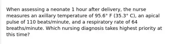 When assessing a neonate 1 hour after delivery, the nurse measures an axillary temperature of 95.6° F (35.3° C), an apical pulse of 110 beats/minute, and a respiratory rate of 64 breaths/minute. Which nursing diagnosis takes highest priority at this time?