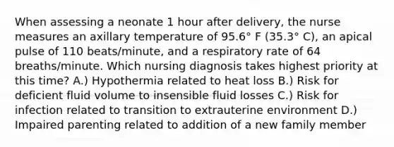 When assessing a neonate 1 hour after delivery, the nurse measures an axillary temperature of 95.6° F (35.3° C), an apical pulse of 110 beats/minute, and a respiratory rate of 64 breaths/minute. Which nursing diagnosis takes highest priority at this time? A.) Hypothermia related to heat loss B.) Risk for deficient fluid volume to insensible fluid losses C.) Risk for infection related to transition to extrauterine environment D.) Impaired parenting related to addition of a new family member