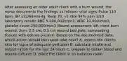 After assessing an older adult client with a burn wound, the nurse documents the findings as follows: vital signs-Pulse 110 bpm, BP 112/68mmHg, Resp 20, o2 rate 94% pain 3/10 laboratory results RBC 5,000,000/mm3, WBC 10,000/mm3, platelet count 200,000/mm3 Wound assessment left chest burn wound, 3cm, 2.5 cm, 0.5 cm wound bed pale, surrounding tissues with edema present. Based on the documented data, which action should the nurse take next? A. assess the clients skin for signs of adequate perfusion B. calculate intake and output ration for the last 24 hours C. prepare to obtain blood and wound cultures D. place the client in an isolation room