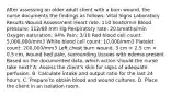 After assessing an older adult client with a burn wound, the nurse documents the findings as follows: Vital Signs Laboratory Results Wound Assessment Heart rate: 110 beats/min Blood pressure: 112/68 mm Hg Respiratory rate: 20 breaths/min Oxygen saturation: 94% Pain: 3/10 Red blood cell count: 5,000,000/mm3 White blood cell count: 10,000/mm3 Platelet count: 200,000/mm3 Left chest burn wound, 3 cm × 2.5 cm × 0.5 cm, wound bed pale, surrounding tissues with edema present Based on the documented data, which action should the nurse take next? A. Assess the client's skin for signs of adequate perfusion. B. Calculate intake and output ratio for the last 24 hours. C. Prepare to obtain blood and wound cultures. D. Place the client in an isolation room.