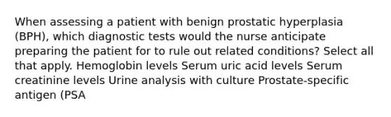 When assessing a patient with benign prostatic hyperplasia (BPH), which diagnostic tests would the nurse anticipate preparing the patient for to rule out related conditions? Select all that apply. Hemoglobin levels Serum uric acid levels Serum creatinine levels Urine analysis with culture Prostate-specific antigen (PSA