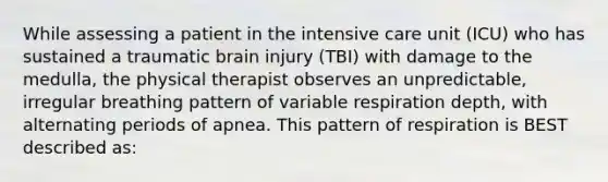 While assessing a patient in the intensive care unit (ICU) who has sustained a traumatic brain injury (TBI) with damage to the medulla, the physical therapist observes an unpredictable, irregular breathing pattern of variable respiration depth, with alternating periods of apnea. This pattern of respiration is BEST described as: