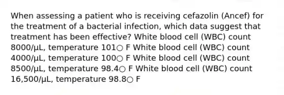 When assessing a patient who is receiving cefazolin (Ancef) for the treatment of a bacterial infection, which data suggest that treatment has been effective? White blood cell (WBC) count 8000/μL, temperature 101○ F White blood cell (WBC) count 4000/μL, temperature 100○ F White blood cell (WBC) count 8500/μL, temperature 98.4○ F White blood cell (WBC) count 16,500/μL, temperature 98.8○ F