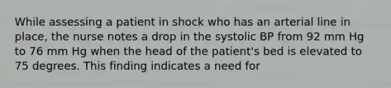 While assessing a patient in shock who has an arterial line in place, the nurse notes a drop in the systolic BP from 92 mm Hg to 76 mm Hg when the head of the patient's bed is elevated to 75 degrees. This finding indicates a need for