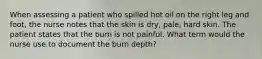 When assessing a patient who spilled hot oil on the right leg and foot, the nurse notes that the skin is dry, pale, hard skin. The patient states that the burn is not painful. What term would the nurse use to document the burn depth?