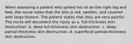 When assessing a patient who spilled hot oil on the right leg and foot, the nurse notes that the skin is red, swollen, and covered with large blisters. The patient states that they are very painful. The nurse will document the injury as a. full-thickness skin destruction. b. deep full-thickness skin destruction. c. deep partial-thickness skin destruction. d. superficial partial-thickness skin destruction.