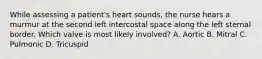 While assessing a patient's heart sounds, the nurse hears a murmur at the second left intercostal space along the left sternal border. Which valve is most likely involved? A. Aortic B. Mitral C. Pulmonic D. Tricuspid